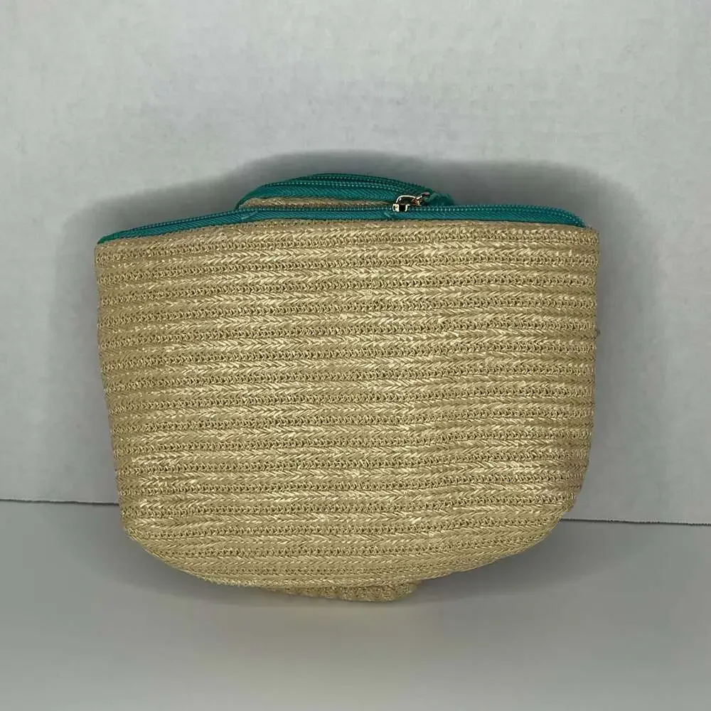 Woven Straw Cosmetic Travel Pouch with Teal Zipper and Tassel Detail